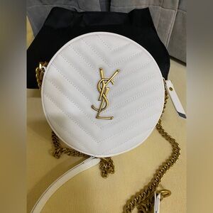 Yves Saint Laurent White Quilted Round Crossbody with Gold Hardware